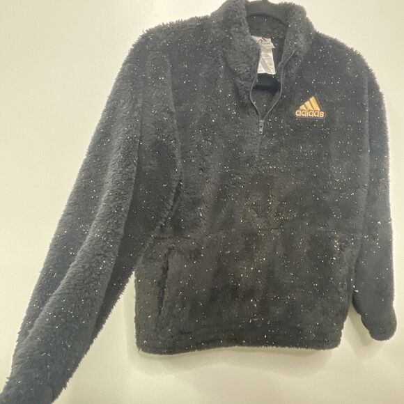Adidas Girls Sweatshirt XL 16 Black Gold Sparkle Mock Neck Sherpa Fuzzy 1/4 Zip‎ - Picture 5 of 10